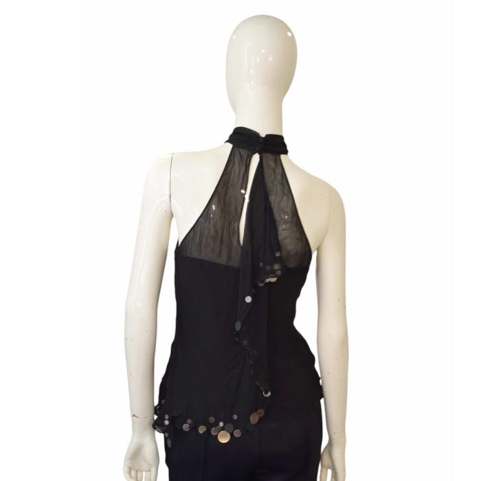 Karen Millen Black Halter Neckline Sequined 100%Silk Sleeveless Blouse Top UK 12