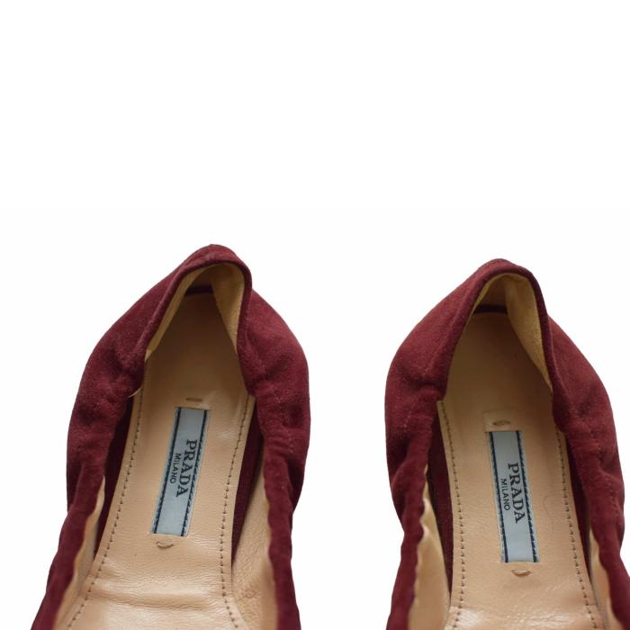 Prada Burgundy Suede Leather Round Toe Bow Logo Ballerina Flats Shoes 36.5