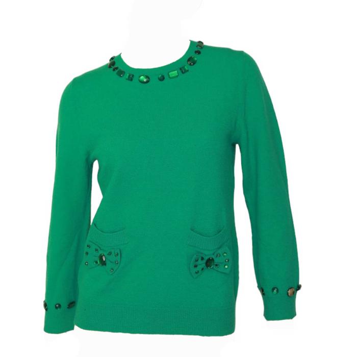 Marc Jacobs Green 100% Wool Knit Pockets  $ Bows Beaded Sweater Top size M