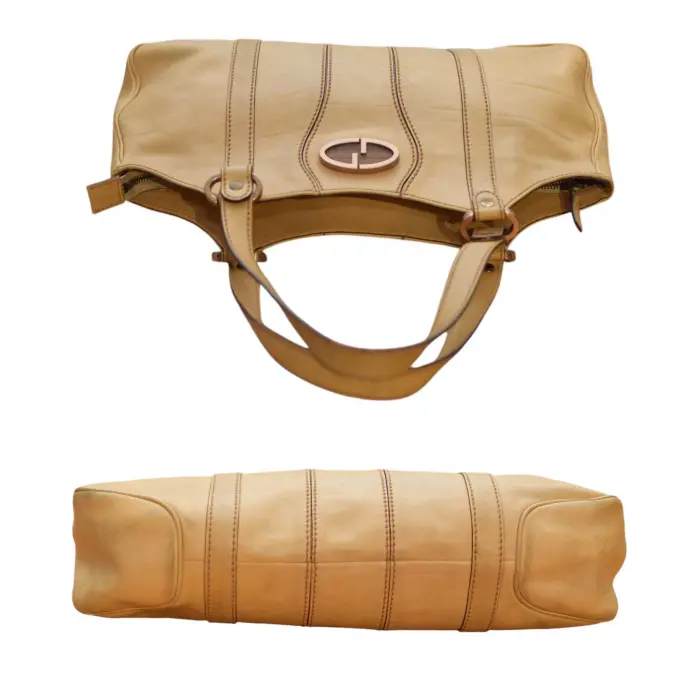 Gucci Vintage Beige Leather Wood Logo Hobo Medium Bag Tote