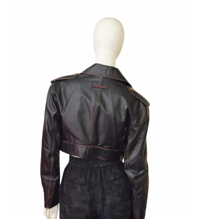 Jean Paul Gaultier JPG Jeans Black Distressed Leather Crop Biker Jacket size 44