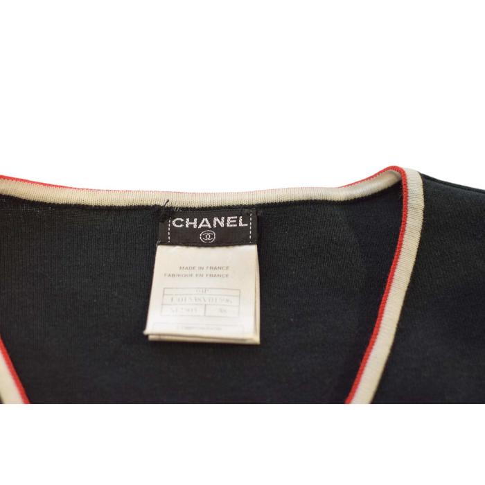 CHANEL 04P Black Cotton Knit Ribbed Short Sleeve V Neckline T-shirt Blouse Top 38