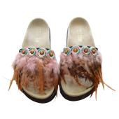 Inuikii Pink Brown Feathers Ethnic Slides Sandals Open Toe Shoes size 39