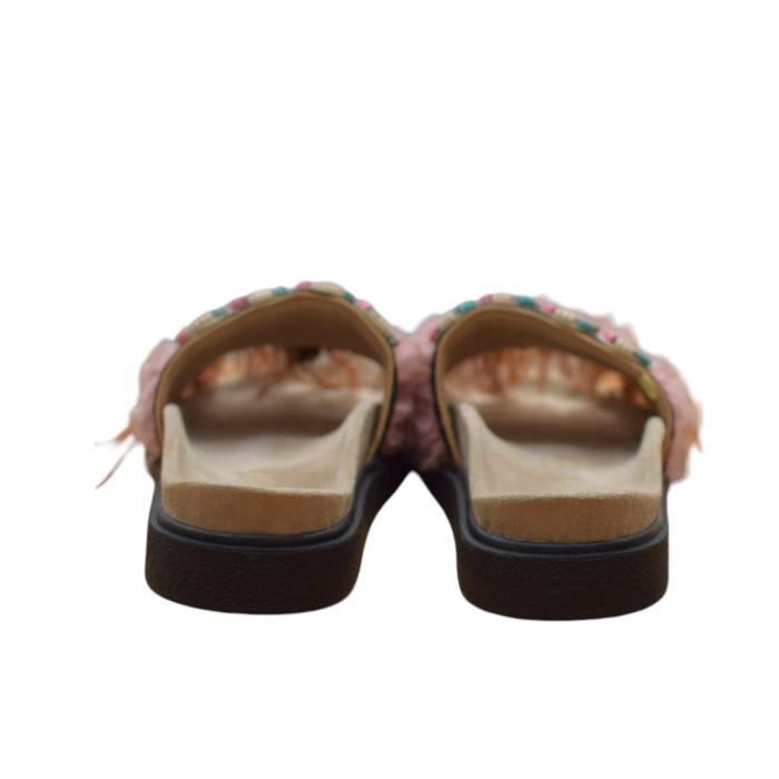 Inuikii Pink Brown Feathers Ethnic Slides Sandals Open Toe Shoes size 39