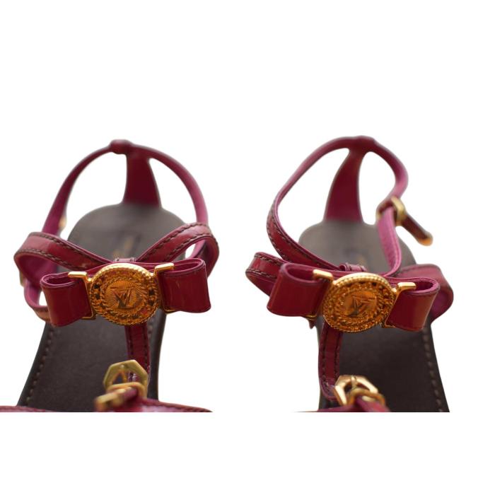 Louis Vuitton Fuchsia Pink Patent Leather Wooden Heel Sandals Ankle Strap 39,5