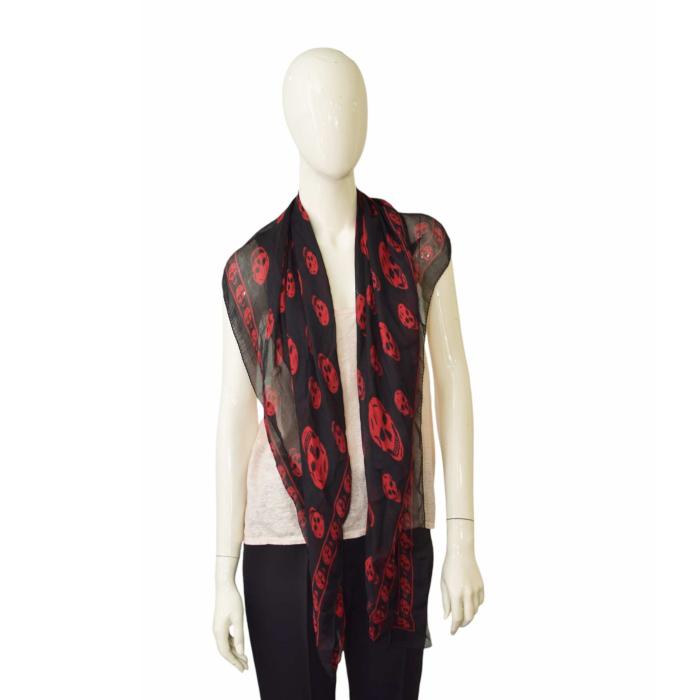 Alexander McQueen Black w. Red Skulls & Logo Print Large Scarf Wrap1