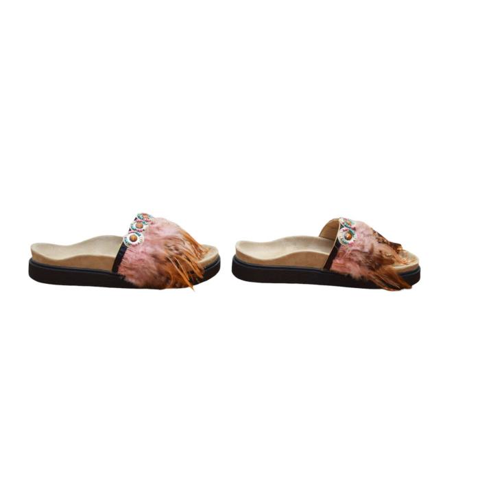 Inuikii Pink Brown Feathers Ethnic Slides Sandals Open Toe Shoes size 39