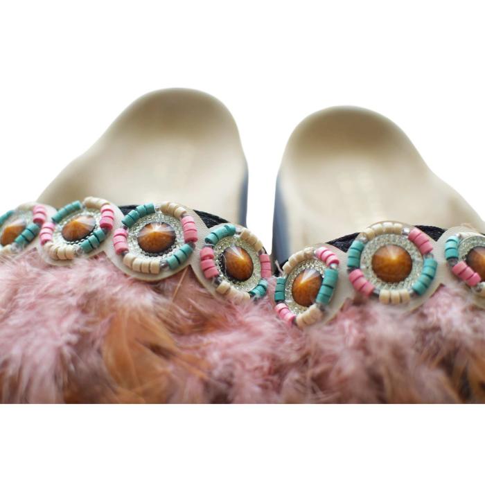 Inuikii Pink Brown Feathers Ethnic Slides Sandals Open Toe Shoes size 39