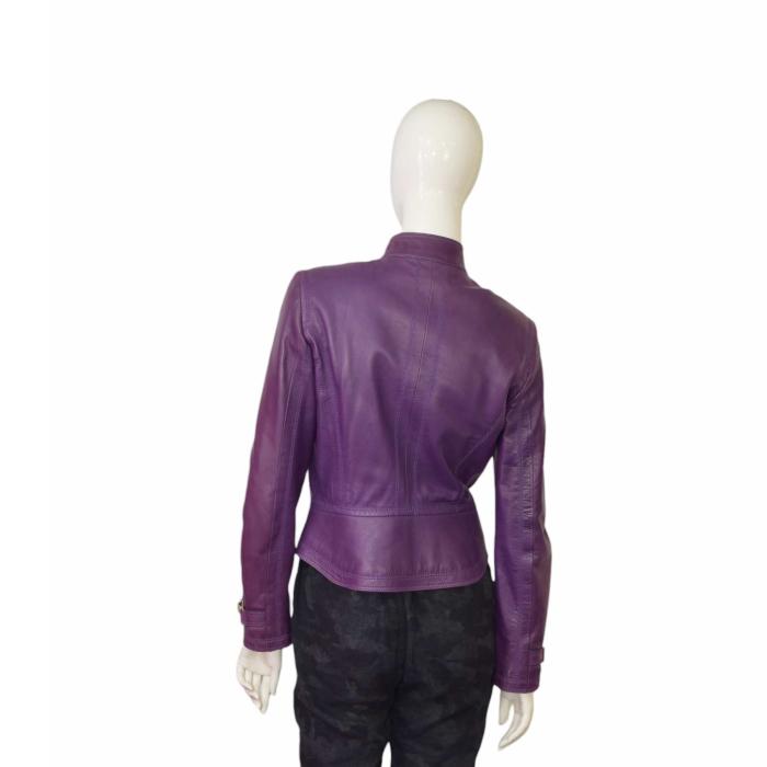 Gucci Purple Leather Zipper & Golden Clips High Neck Fitted Waist Jacket ( S )