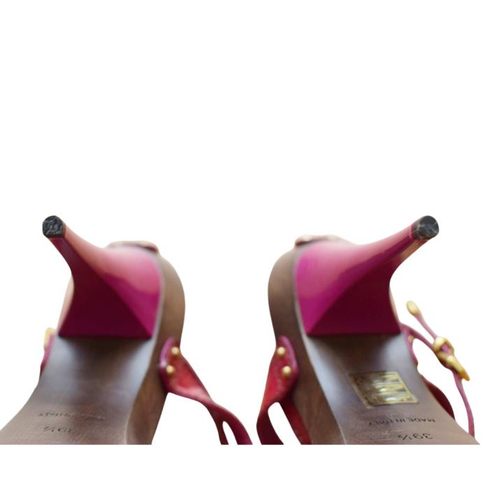 Louis Vuitton Fuchsia Pink Patent Leather Wooden Heel Sandals Ankle Strap 39,5