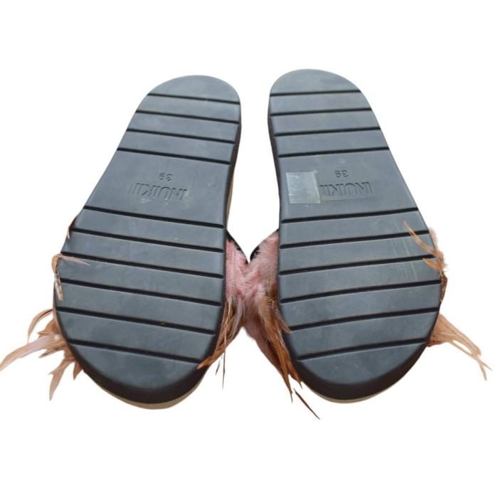 Inuikii Pink Brown Feathers Ethnic Slides Sandals Open Toe Shoes size 39
