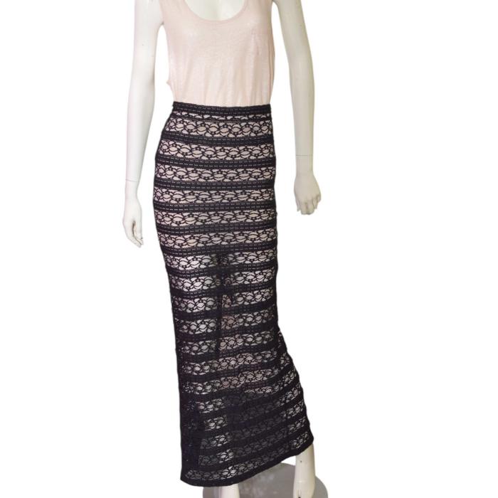 Alice + Olivia Black Elastic Sheer Lace Long Skirt Half Lined size 2 
