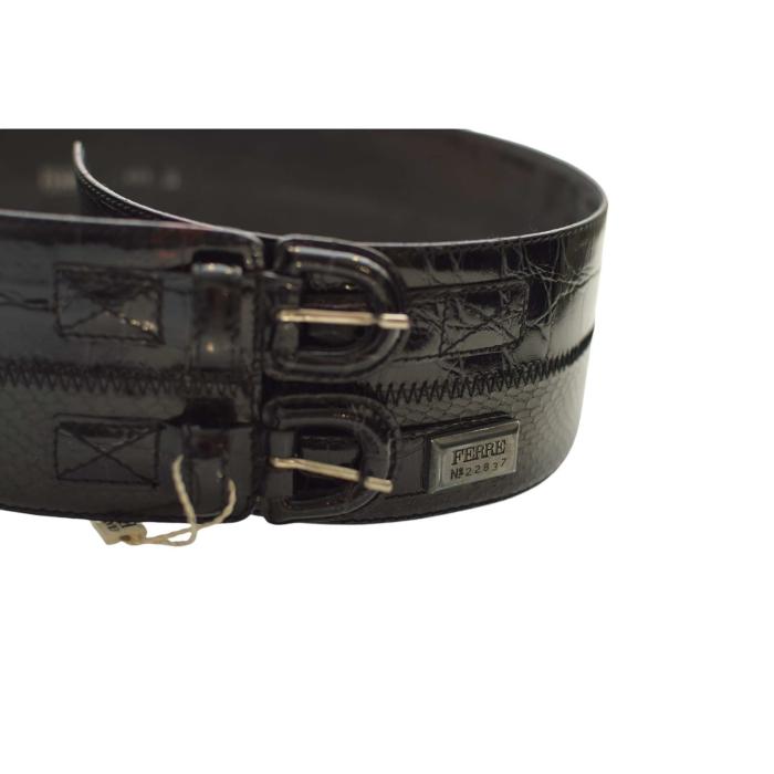 Gianfranco Ferre Woman's Black Leather Crocodile Embossed two Buckles Wide Belt sz 85/ 34