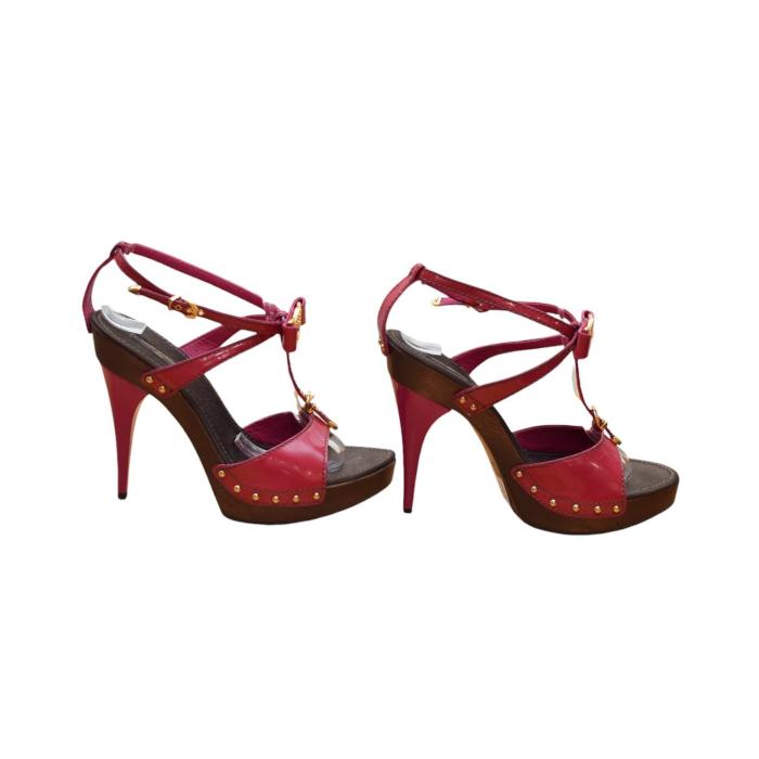 Louis Vuitton Fuchsia Pink Patent Leather Wooden Heel Sandals Ankle Strap 39,5