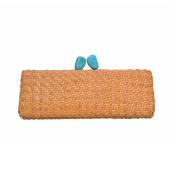 Kotur Woven Rattan Natural Beige Turquoise Kiss Lock Clutch Bag Handbag