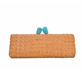 Kotur Woven Rattan Natural Beige Turquoise Kiss Lock Clutch Bag Handbag