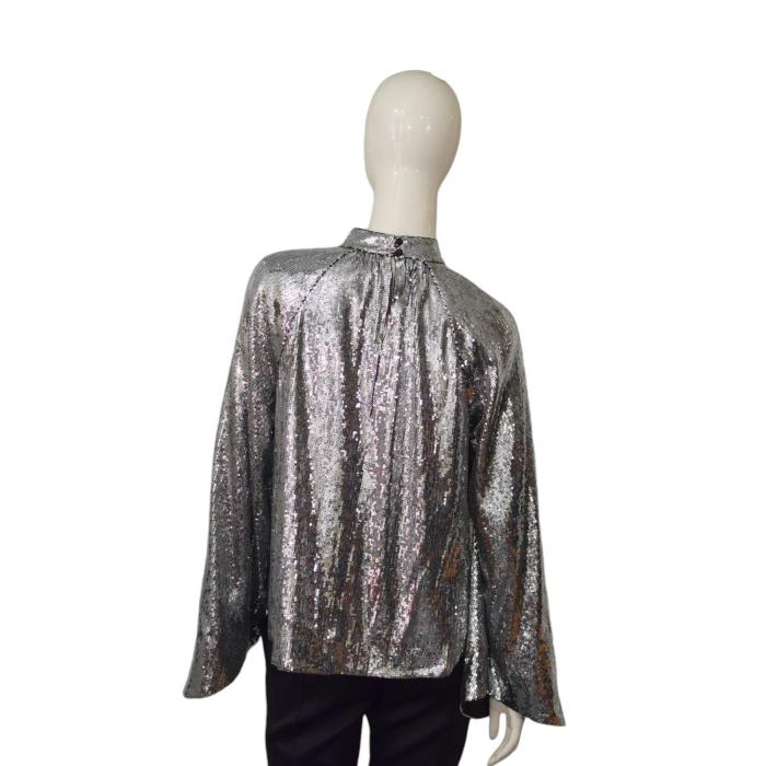 R+A Silver Fully Sequined High Neckline A- Line Wide Sleeves Blouse Top