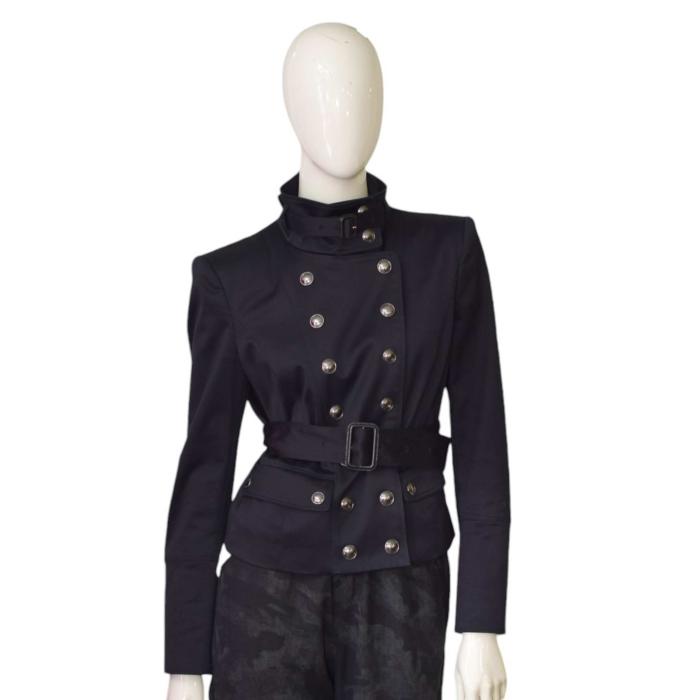 Burberry Women's Blue Double Breasted Short Military Style Belted Jacket UK 10