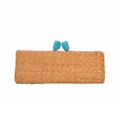 Kotur Woven Rattan Natural Beige Turquoise Kiss Lock Clutch Bag Handbag