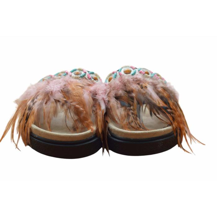 Inuikii Pink Brown Feathers Ethnic Slides Sandals Open Toe Shoes size 39