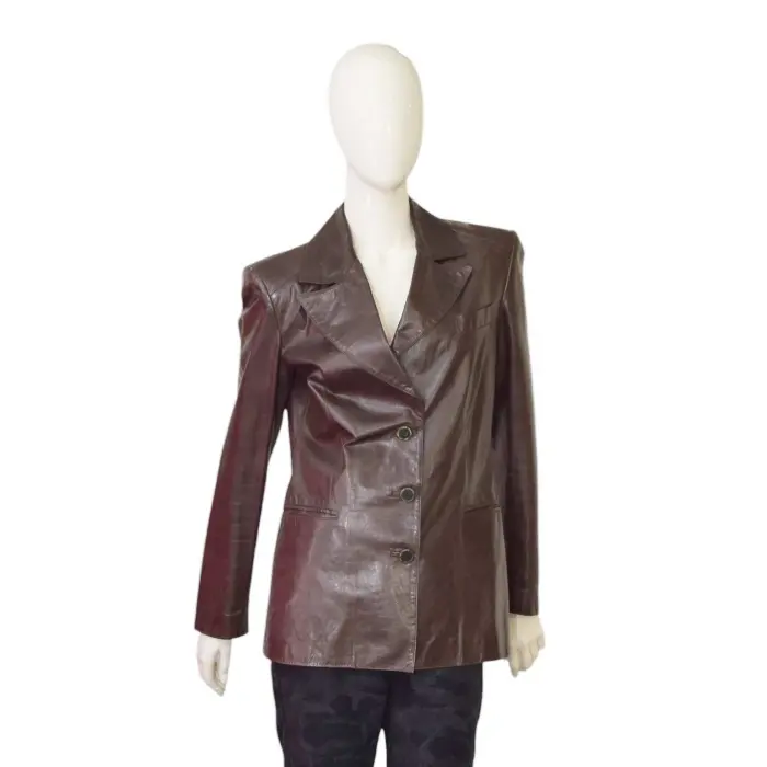 Roberto Cavalli Brown Distressed Leather Button Front Blazer