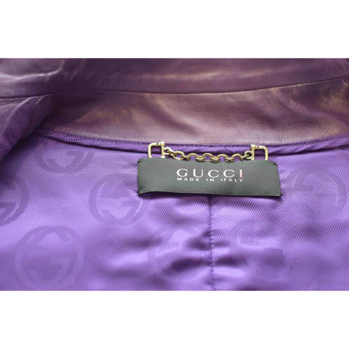 Gucci Purple Leather Zipper & Golden Clips High Neck Fitted Waist Jacket ( S )