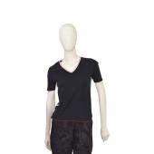 CHANEL 04P Black Cotton Knit Ribbed Short Sleeve V Neckline T-shirt Blouse Top 38