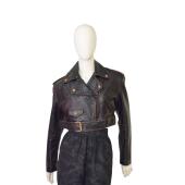 Jean Paul Gaultier JPG Jeans Black Distressed Leather Crop Biker Jacket size 44