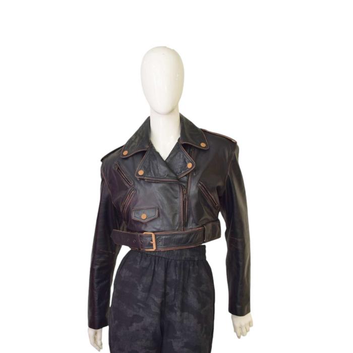 Jean Paul Gaultier JPG Jeans Black Distressed Leather Crop Biker Jacket size 44