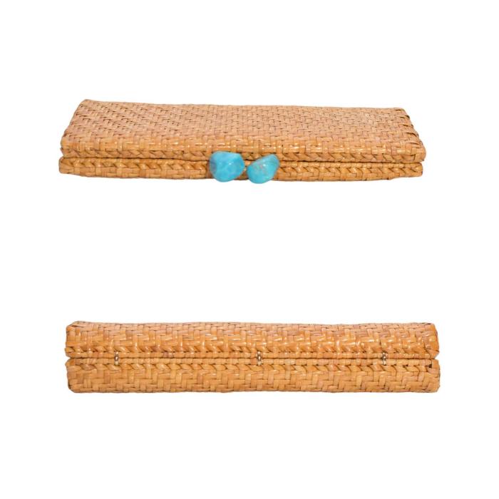 Kotur Woven Rattan Natural Beige Turquoise Kiss Lock Clutch Bag Handbag