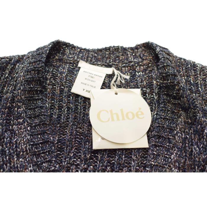 Chloe Shiny Midnight Blue V Neckline Silk Blend Knit Cardigan size XS