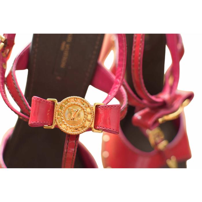 Louis Vuitton Fuchsia Pink Patent Leather Wooden Heel Sandals Ankle Strap 39,5