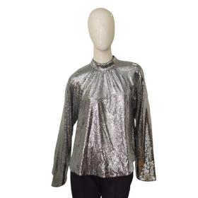 R+A Silver Fully Sequined High Neckline A- Line Wide Sleeves Blouse Top