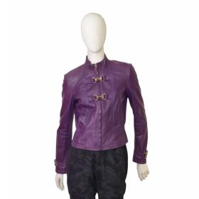 Gucci Purple Leather Zipper &amp; Golden Clips High Neck Fitted Waist Jacket ( S )