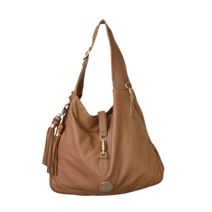 GUCCI New Jackie Brown Leather Tassels Large Hobo Shoulder Bag Handbag