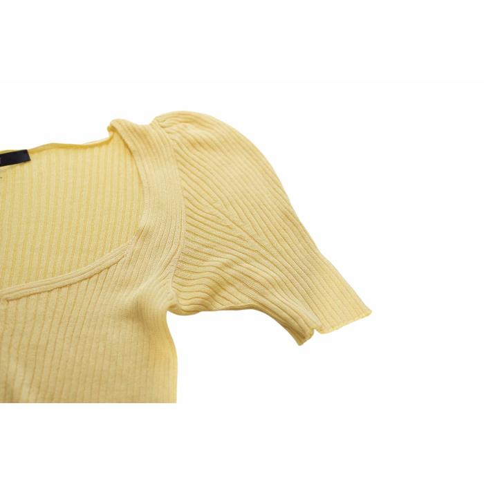 Gucci Yellow 100% Silk Top Short sleeve Rib Knit Blouse size S