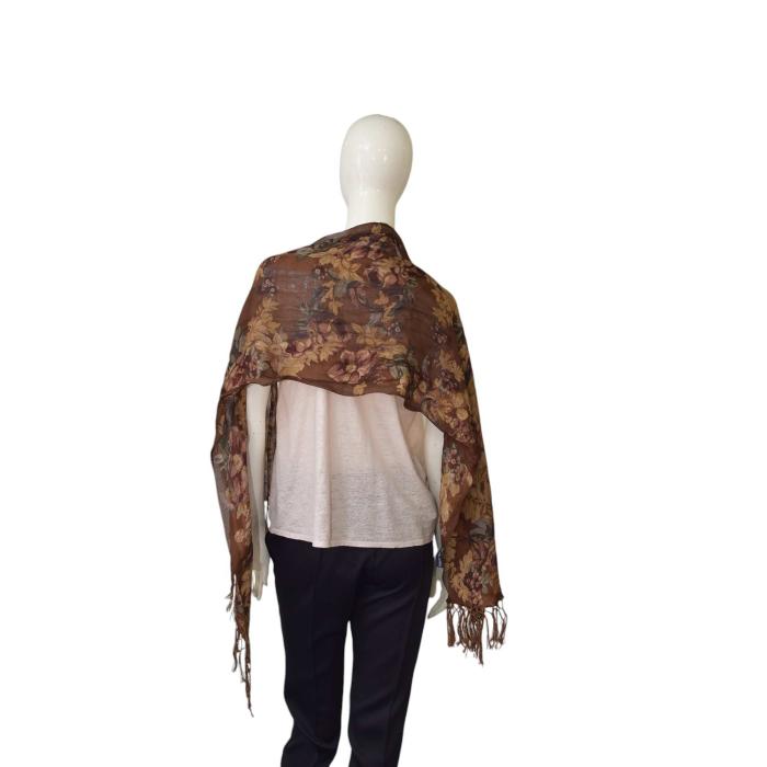 Ralph Lauren Floral Long Earthly Hues Brown Beige Scarf Foulard Wrap w. Fringes
