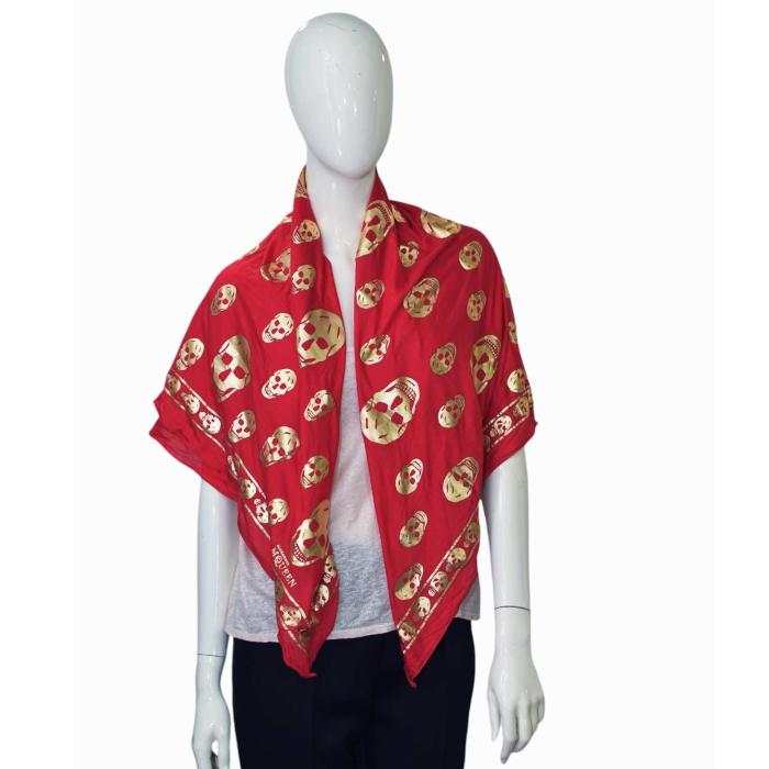 Alexander McQueen Red w. Gold Skulls & Logo Print Large Modal Scarf Wrap 