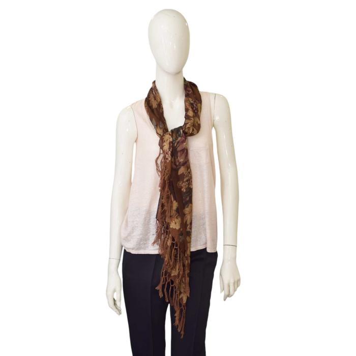 Ralph Lauren Floral Long Earthly Hues Brown Beige Scarf Foulard Wrap w. Fringes