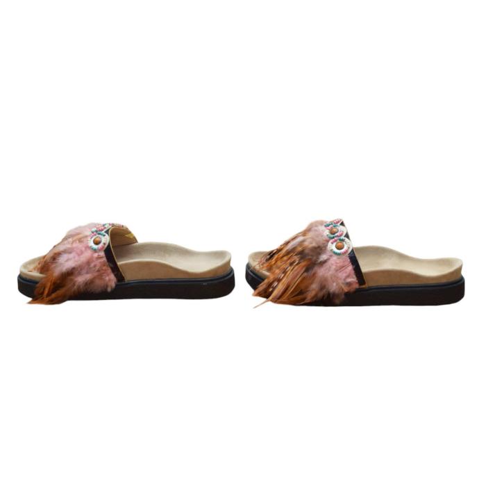 Inuikii Pink Brown Feathers Ethnic Slides Sandals Open Toe Shoes size 39