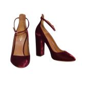 Aquazzura Burgundy Velour Ankle Stpap Pumps High Heels Shoes - Size 40.5