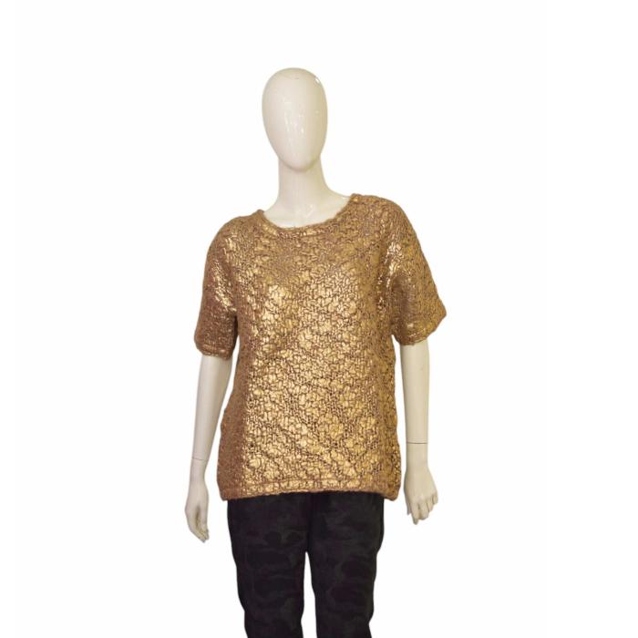 MONCLER Gold Color Wool Knit Short Sleeve Bow T-Shirt top size L