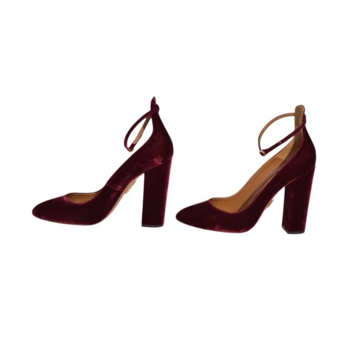 Aquazzura Burgundy Velour Ankle Stpap Pumps High Heels Shoes - Size 40.5