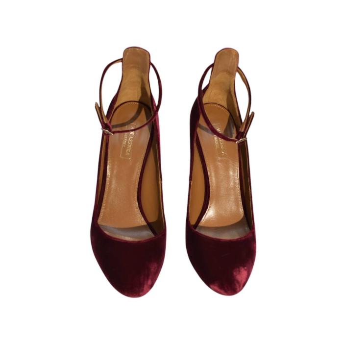 Aquazzura Burgundy Velour Ankle Stpap Pumps High Heels Shoes - Size 40.5