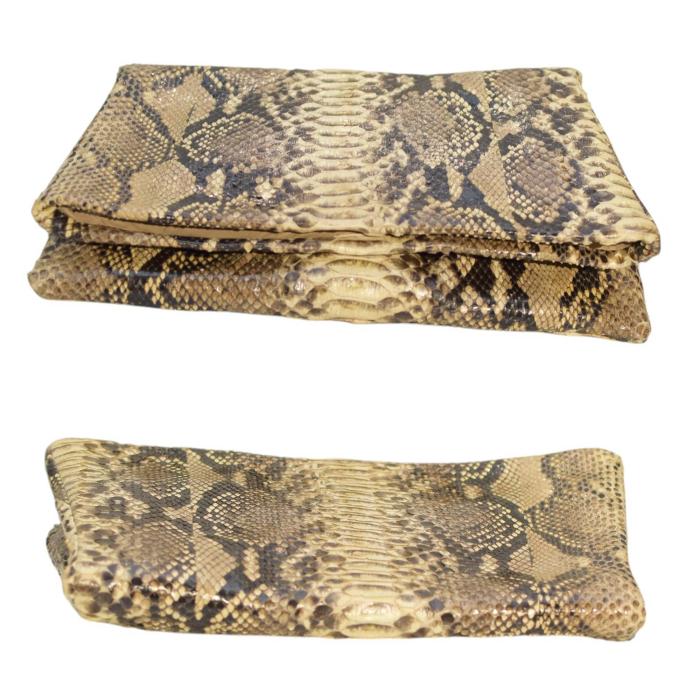 Juliette Jake Beige Brown Snake Leather Fold Over Clutch Bag Handbag