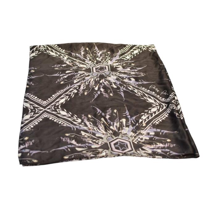 Philipp Plein Black White Blue Feathers Print & Logo Large 100% Silk Scarf Wrap