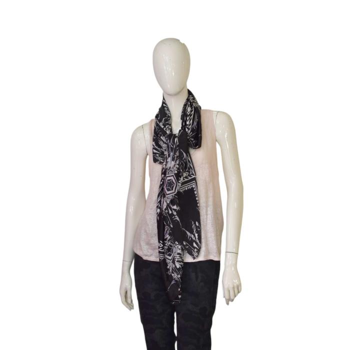 Philipp Plein Black White Blue Feathers Print & Logo Large 100% Silk Scarf Wrap