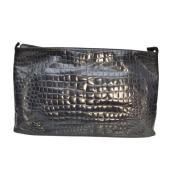 Trussardi Blue Black Croco Embossed Leather Zipper Opening Clutch Bag Handbag