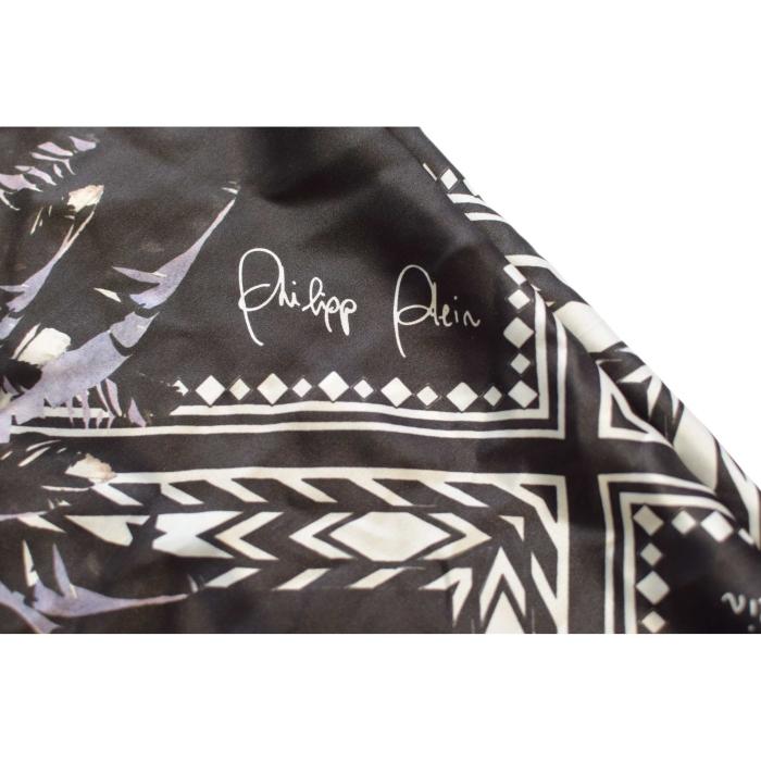 Philipp Plein Black White Blue Feathers Print & Logo Large 100% Silk Scarf Wrap