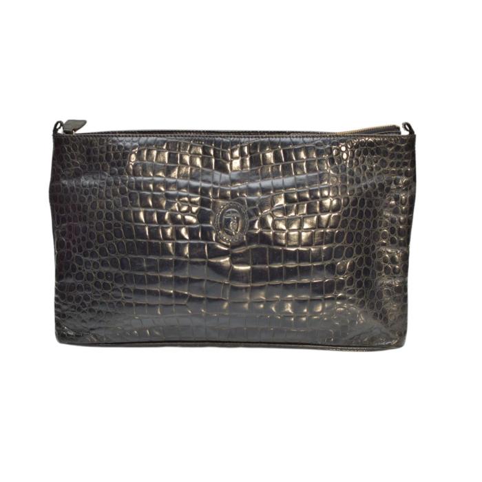 Trussardi Blue Black Croco Embossed Leather Zipper Opening Clutch Bag Handbag